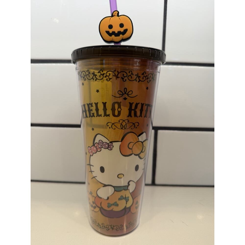 NEW Hello Kitty Halloween Orange‎ black Travel Tumbler 24oz Pumpkin Acrylic